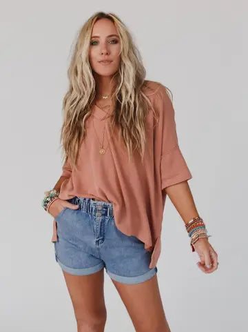 V Neck Ribbed Essential Tee - Sepia