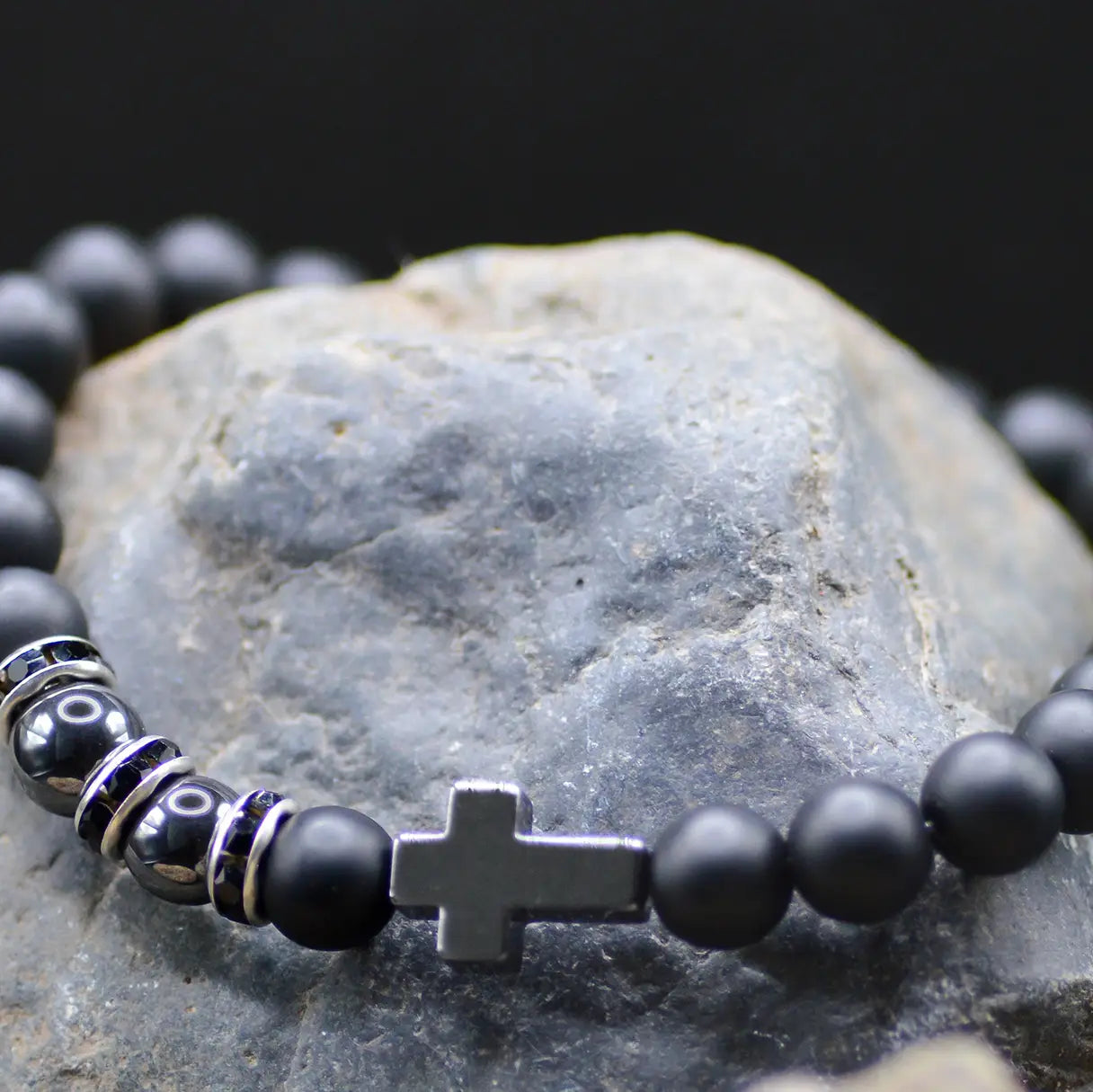 Cross Blk Bead/Hematite Bracelet