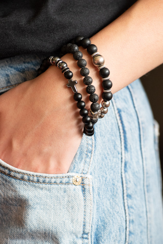 Cross Blk Bead/Hematite Bracelet