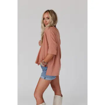 V Neck Ribbed Essential Tee - Sepia