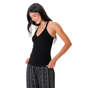 Black V Neck Ribbed Top